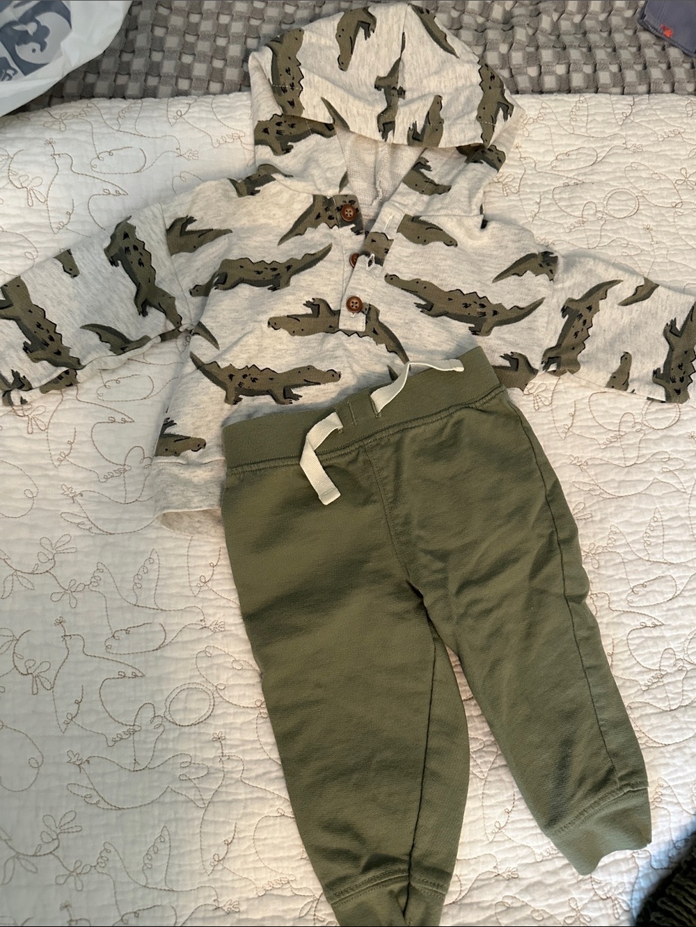 Carter's Olive Green Jogger Set with Crocodile Print Hoodie